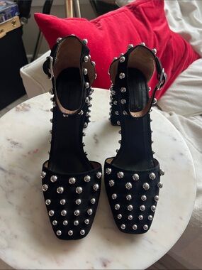 Alexander Wang Black Studded Block-Heel Sandals with Silver Accents